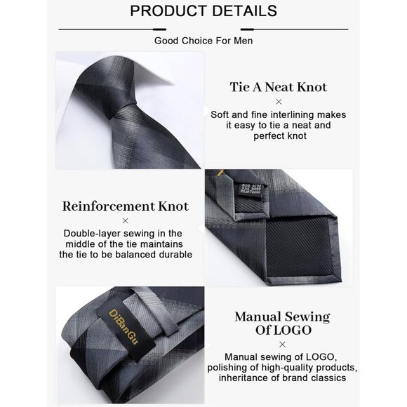 🆕Men Grey Plaid Silk Checkered Necktie Pocket Square Cufflinks Tie Clip Set - Picture 6 of 7